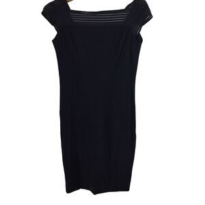 Tadashi Womens Illusion Mesh Striped V-Back Sheath Dress Black Size Medium